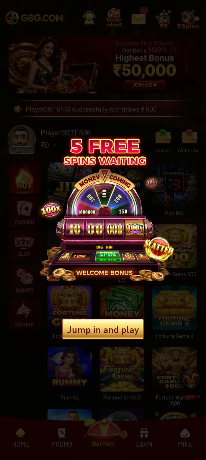 G8G Game free spins promotion with Money Coming slot game