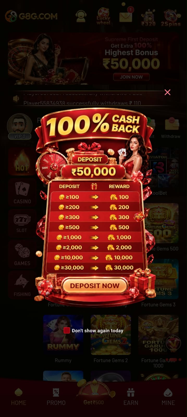 G8G Game 100 percent cash back deposit bonus promotion