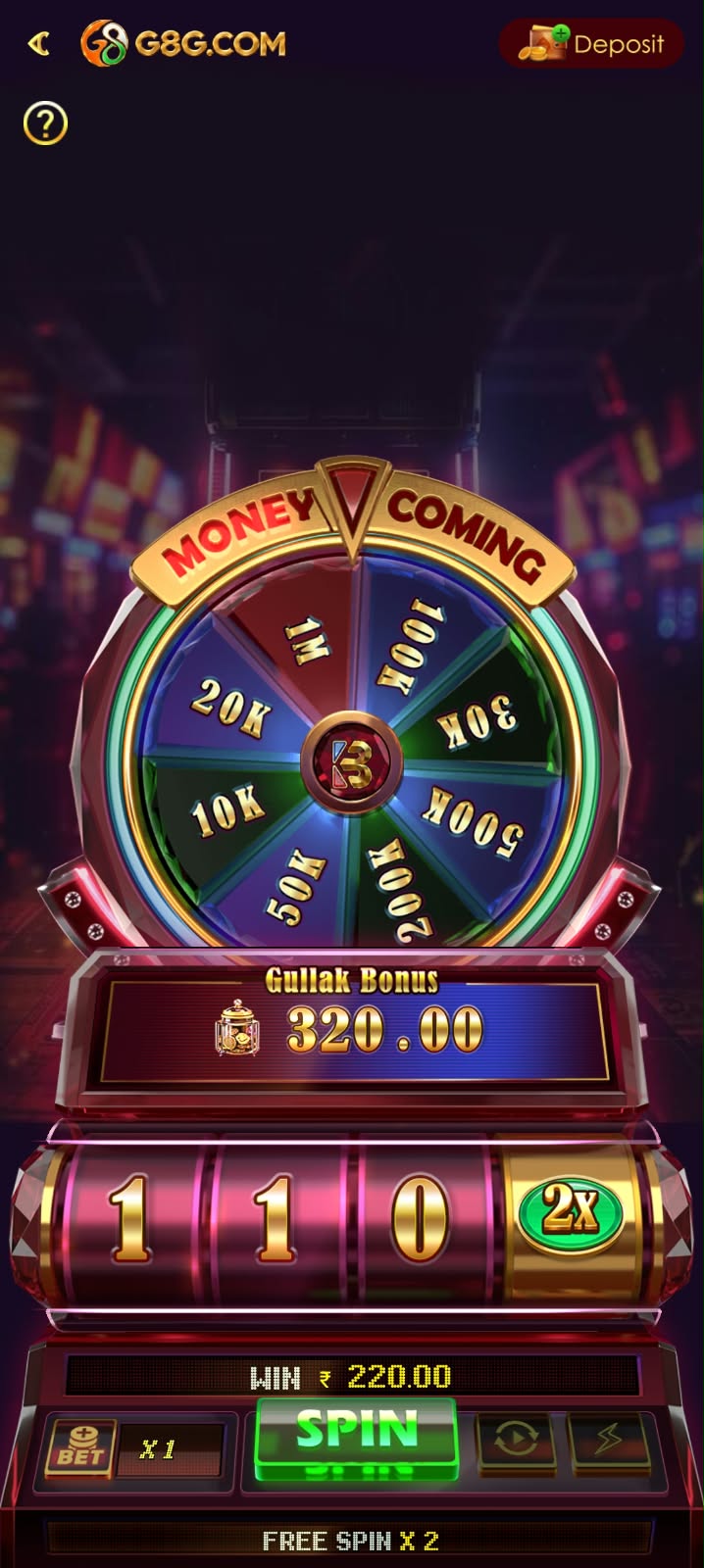 G8G Money Coming game wheel with spin and bonus features