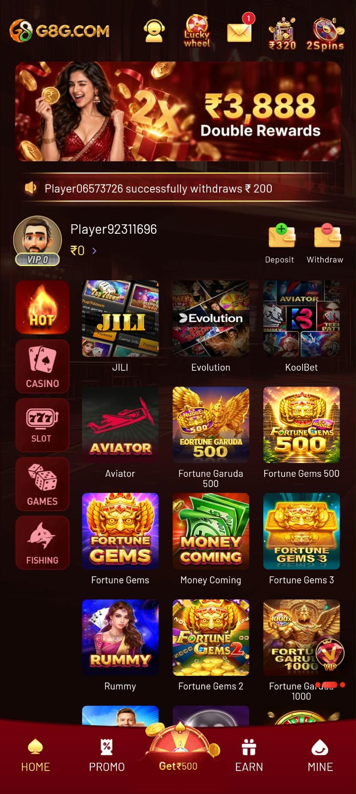 G8G Game online gaming home screen with casino slot and bonus games