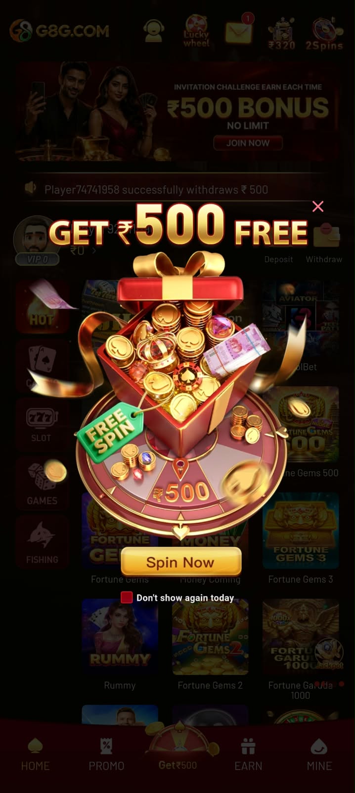G8G Game ₹500 bonus popup with free spin reward promotion